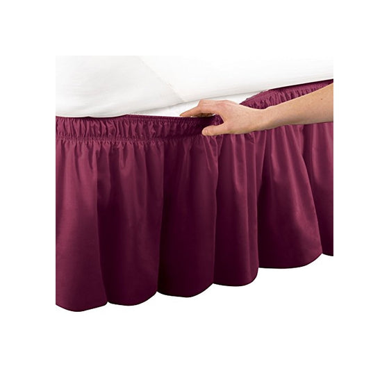 Wrap Around Bed Skirt, Easy Fit Elastic Dust Ruffle, Burgundy, Queen/King