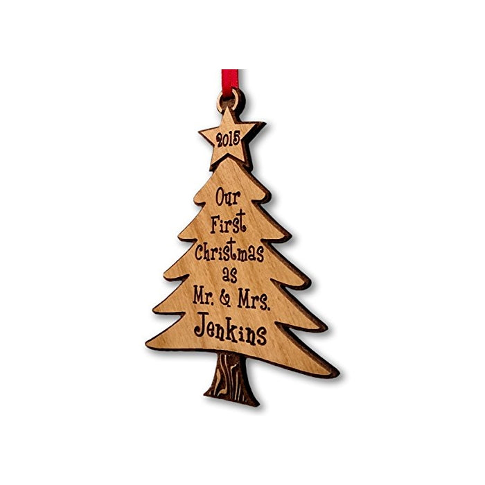 Our First Christmas As Mr and Mrs Tree Ornament Personalized 2014 Christmas Tree Laser Engraved Wood Newlywed Just Married Couple Wedding Gift