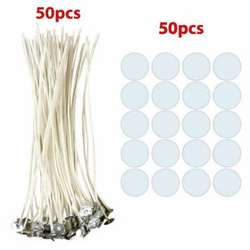 Cozyours 8 inch CANDLE WICKS WITH CANDLE WICK STICKERS, 50 PCS, LOW SMOKE&NATURAL, Candle Wicks For Candle Making.
