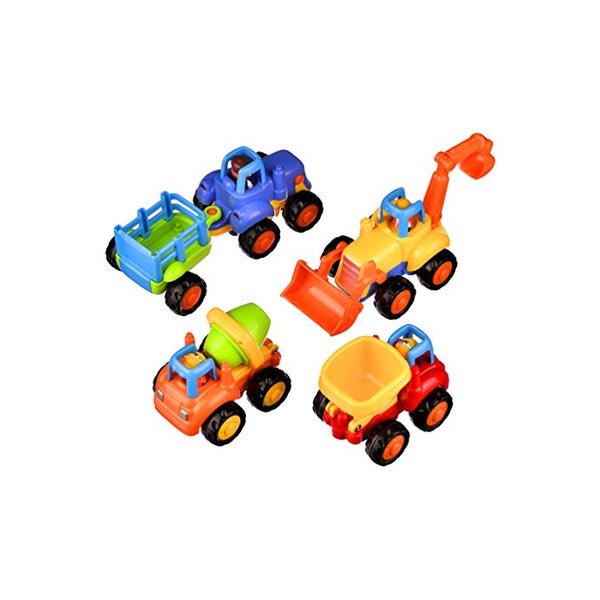 Coolecool Push and Go Pull Back Vehicles with Lasting Friction Power for Baby Toys 18 Months (4 Play Vehicles: Tractor, Bulldozer, Dumper, Cement Mixer)