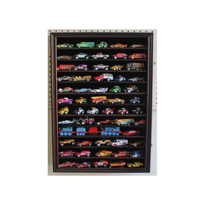 Kid-Safe 1:64th Die Cast Vehicles Hot Wheels Display Case Cabinet Shadow Box, Mahogany Finish (HW04-MA)