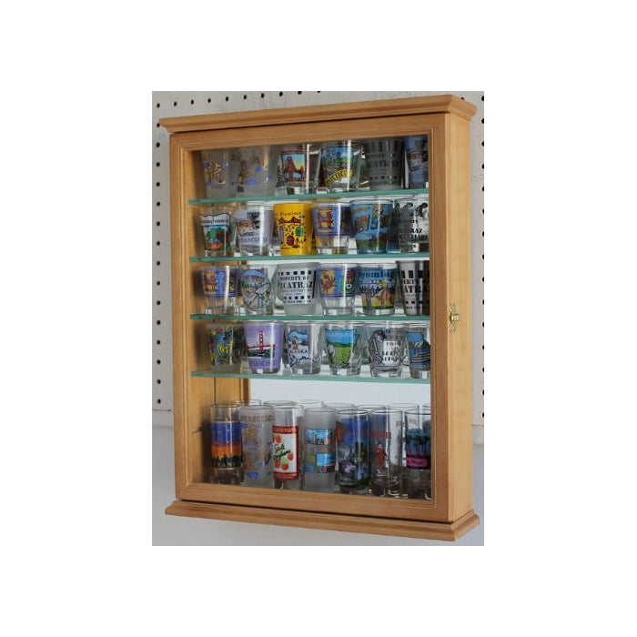 36 Souvenir Shot Glass Display Case Shadow Box, Mirror Background, OAK Finish (SCD06B-OA)
