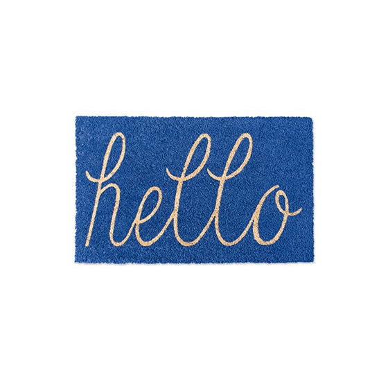 DII Indoor/Outdoor Natural Coir Easy Clean Rubber Non Slip Backing Entry Way Doormat For Patio, Front Door, All Weather Exterior Doors, 18 x 30" - Blue Hello