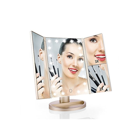 Easehold Lighted Vanity Mirror,2X 3X Magnifiers Make Up Mirror with 21 LED Lights Tri-Fold 180 Degree Adjustable Countertop Cosmetic Bathroom Mirror(Gold)