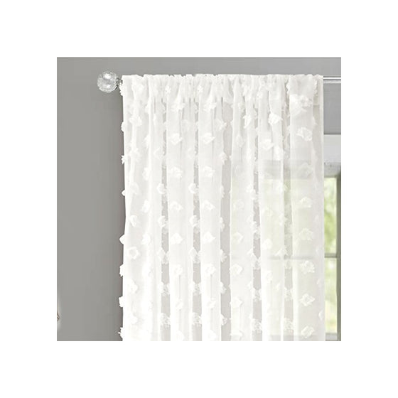 DriftAway Olivia White Voile Chiffon Sheer Window Curtains, Embroidered with Pom Pom, Set of Two Panels, 52"x84", Rod Pocket (Off white)