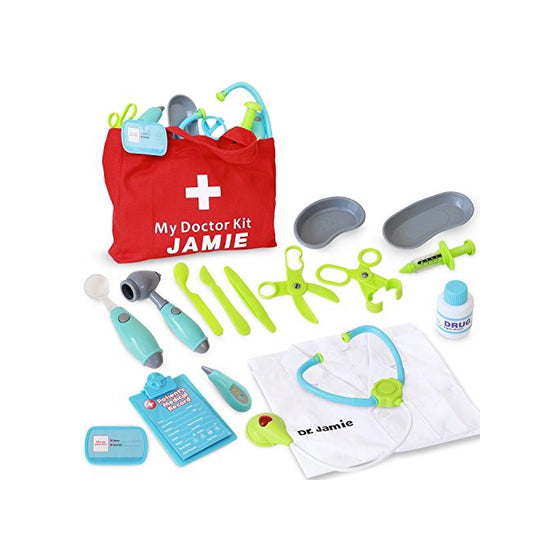 Customizable Pretend Play Doctor Set 19PC with Custom Doctor Coat and Bag - Light Up Stethoscope, Needle, Thermometer, etc. Educational Toy