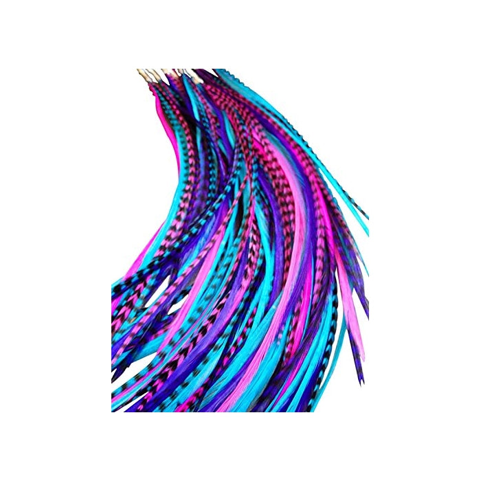 Feather Hair Extensions, 100% Real Rooster Feathers, Long Pink, Purple, Blue Colors, 20 Feathers with Bonus FREE Beads and Loop Tool Kit