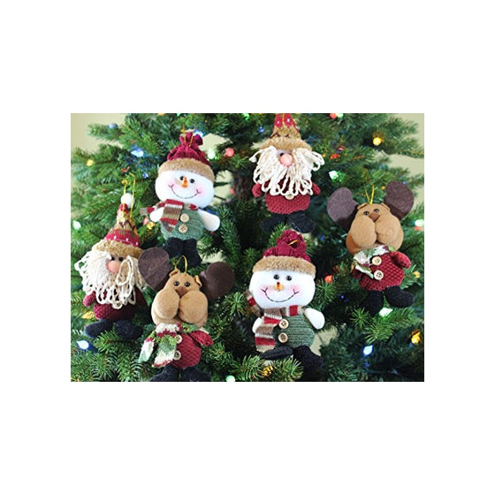 Plush Hanging Christmas Ornament Sets in Country Colors (santa/snowman/reindeer, 6pk)