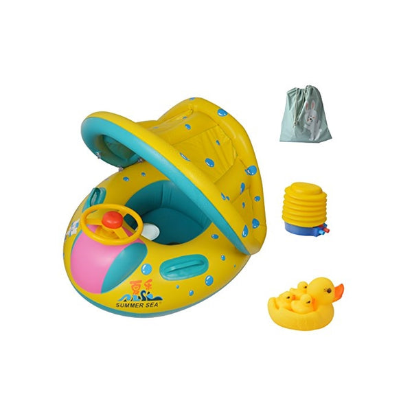 Inflatable Baby Float-Pool Swimming Ring with Sun Canopy with Inflator Pump,Waterproof Carry Bag,Duck Toys