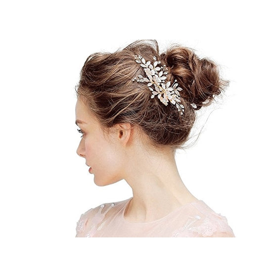 Leaves & Paves Hair Comb, Crystals & Pearls, Rhinestone Bridal Headpiece for Bride Bridesmaids, Rose Gold