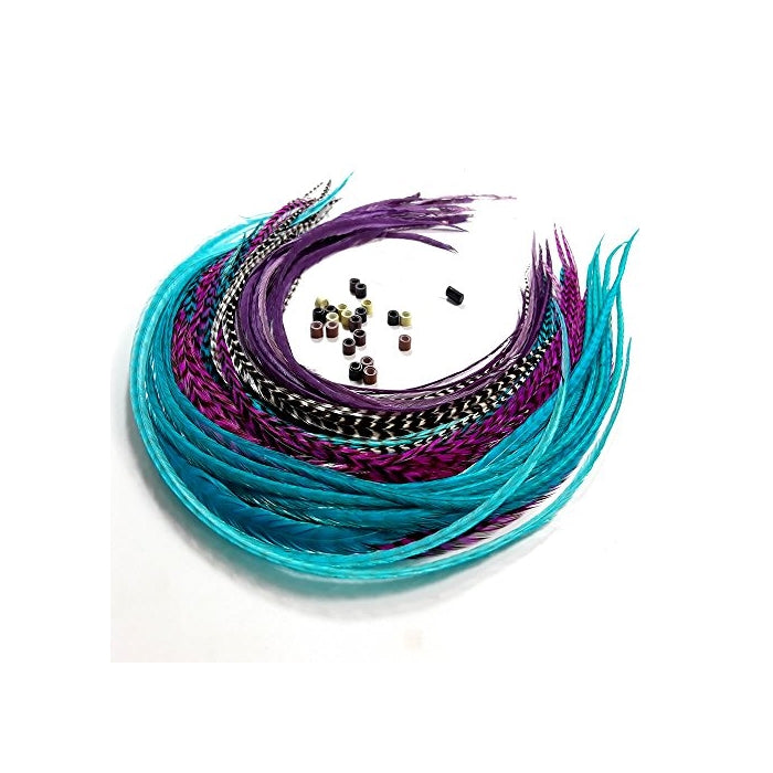 Feather Hair Extensions, 100% Real Rooster Feathers, Long Violet, Purple, Blue Colors, 20 Feathers with 20 Beads and Loop Tool Kit by Sexy Sparkles
