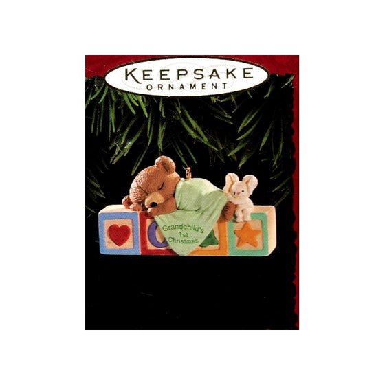 Grandchild's First Christmas Ornament - Baby Teddy Bear Sleeping on Toy Children's Blocks - 1995 Hallmark Keepsake Series