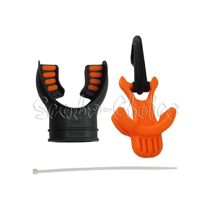 Scuba Dive Black Orange Silicone Mouthpiece & Standard Octopus Holder & Tie Set