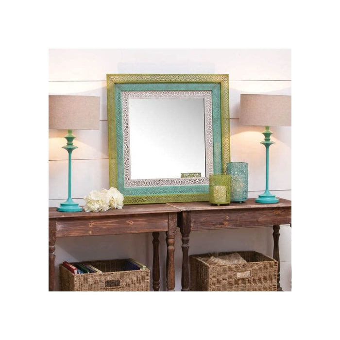 Blue and Green Pierced Metal Mirror