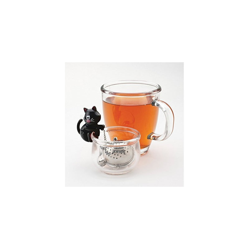 Joie Meow Cat Loose Tea Leaf Tea Infuser and Bowl Caddy, 18/8 Stainless Steel, Assorted Black and White