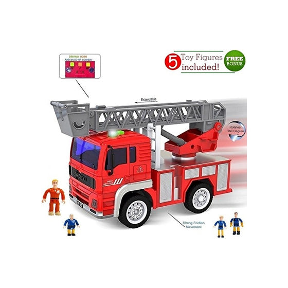 Toy Fire Truck with Lights and Sounds - Extendable Ladder -Powerful Friction Wheels - Mini Firetruck Toy for Toddlers and young Kids- BONUS: 5 Fireman and Toy Figures