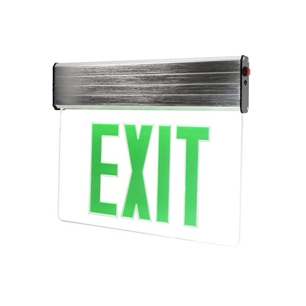 Green Lit LED Exit Sign, Universal Surface Aluminum Mount, Emergency Back-Up & Installation Kit Included