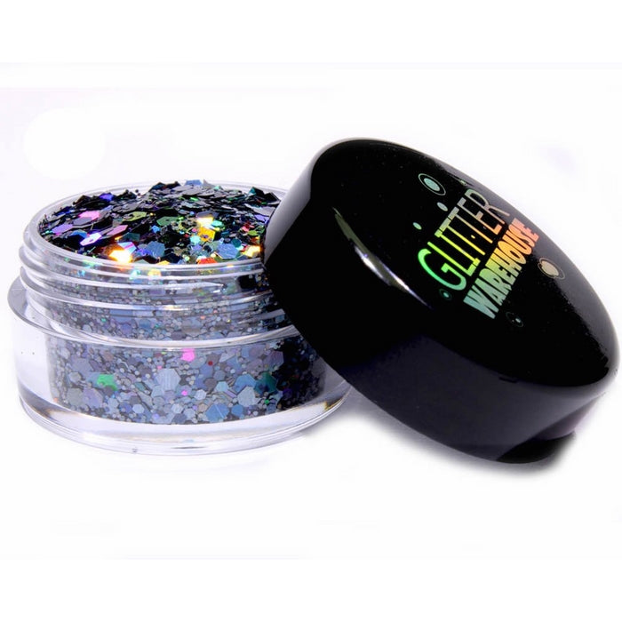 GlitterWarehouse Chunky Charcoal Gray Mermaid Chunky Loose Holographic Solvent Resistant Cosmetic Grade Glitter (10g Jar)