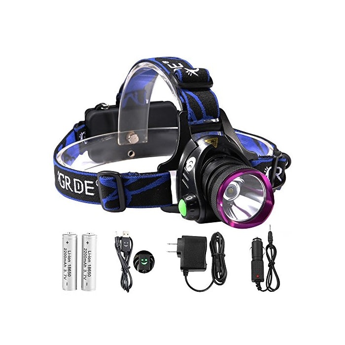 Headlamp,GRDE Rechargeable Led Headlamp Headlight Flashlight 3 Modes with Adjustable Thick Head Strap for Camping Hiking Fishing BBQ Repairing Night Walking Morning Running(Purple)