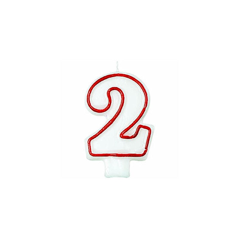 Amscan Classic Red Border Flat Molded Number 2 Celebration Candle, White, 3"