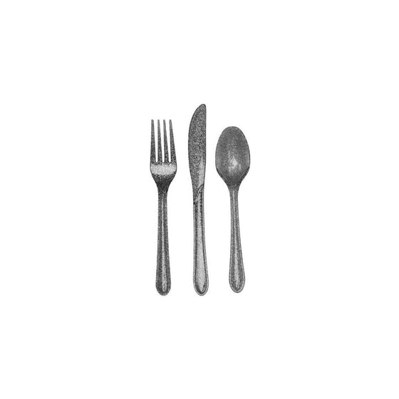 24-Piece Glitz Premium Plastic Cutlery Assortment, Silver Glitter