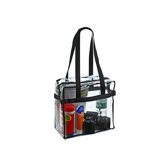 Clear Tote Bag NFL Stadium Approved - 12" X 12" X 6" - Shoulder straps and zippered top. The clear bag is perfect for work, school, sports games and concerts. Meets NFL and PGA Tournament guidelines.