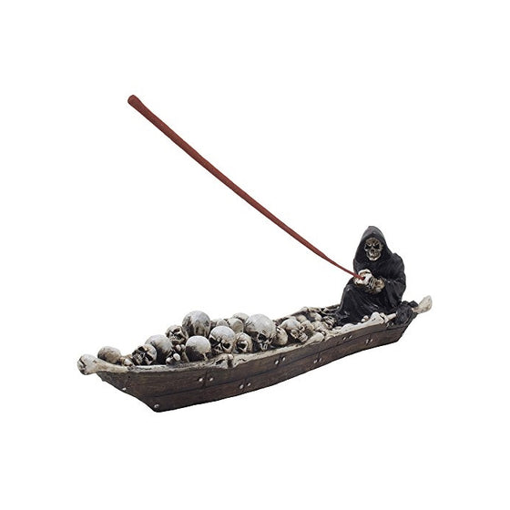 Home-n-Gifts 12-inch Scary Grim Reaper in Fishing Boat of Skulls Incense Holder, Multi-colored