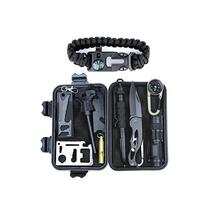 HSYTEK Survival Gear Kit 11 in 1 , Professional Outdoor Emergency Survival Tools Set with Saber Card | Survival Bracelet | Temperature Compass | Powerful Whistle for Hike Camp Earthquake Overseas