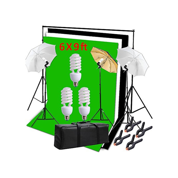 Hakutatz Photography Photo Studio Video Umbrella Lighting Kit 3pcs 45W Light Bulbs Lighting with 3 Backdrop(Green/White/Black) Backdrop Stand Set Kit for Video Studio Portrait Photography Kit