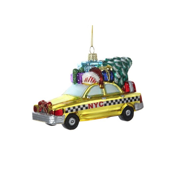 Kurt Adler NYC Checker Taxi with Tree Glass Ornament, 5.35-Inch