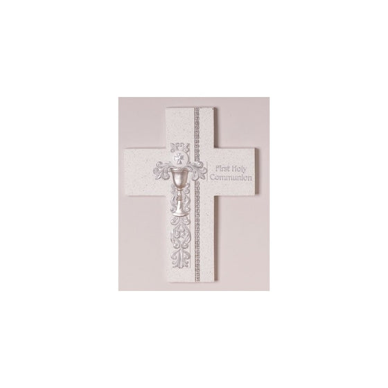 7.5" First Holy Communion Wall Cross with Silver Scroll Chalice Design