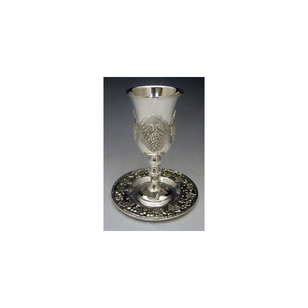 Magnificent Silver Plated Kiddush Cup on Base, Grape Design, with Matching Tray