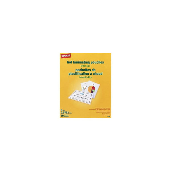 Staples Letter Size Thermal Laminating Pouches, 3 mil, 50 pack