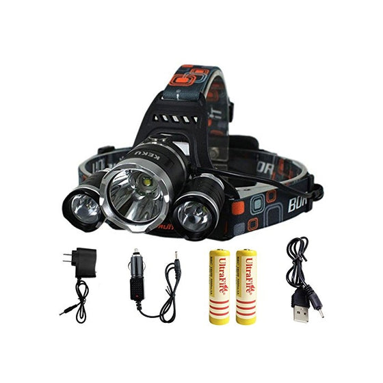 KEKU High Power LED Headlamp(5000 Lumens MAX) Rechargeable Waterproof HeadLamp Flashlight on the head headlamp with 3 Xm-l T6 4 Modes,Wall Charger and Car Charger for Outdoor Sports