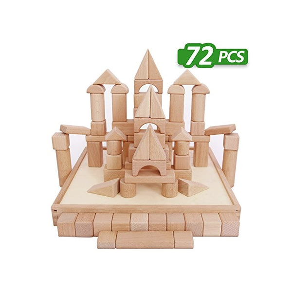 Kids Building Blocks Toys Set, 72 PCS Wood Blocks, Natural Wooden Stacking Cubes, Structure Tile Games, Educational and Activity Toy for Age 2, 3, 4, 5 Year Olds Up, Children, Toddlers - iPlay, iLearn