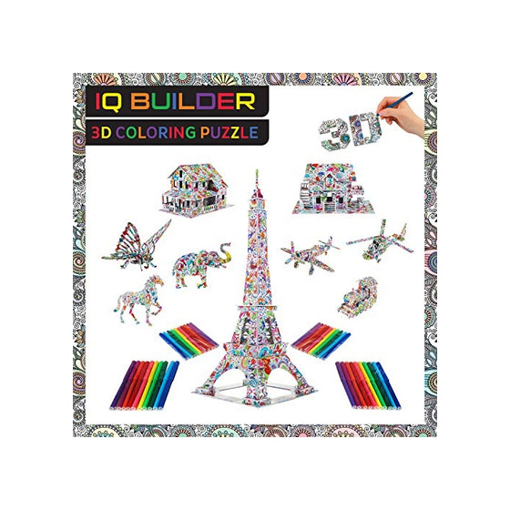 IQ BUILDER | 3D ART COLORING PUZZLES FOR KIDS AND ADULTS | BEST FUN CREATIVE ARTS AND CRAFTS TOY GIFT SET FOR BOYS AND GIRLS AGES 8 | EASY STRESS RELAXATION | BIG 9 PUZZLE SET WITH COLOR MARKERS