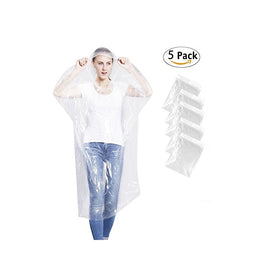 Emergency Rain Ponchos with Drawstring Hood, Disposable Extra Thick Rain Gear for Outdoors, Theme parks, Hiking, Camping, School Sporting Corporate Events Group Activity - Bulk Pack of 5, Clear