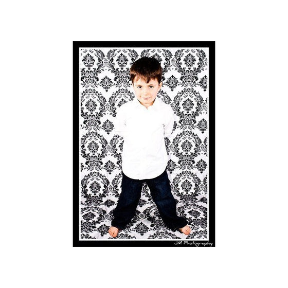 LA Linen Photography Backdrop Flocking Taffeta/Damask 9 ft High X 5 ft Wide. Black On White. Made in USA.