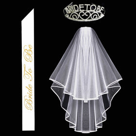Kung Fu Party Glitter Rhinestone Bride to Be Tiara & White Double Ribbon Edge Center Cascade Bridal Wedding Veil with Comb & Bride To Be Satin Sash