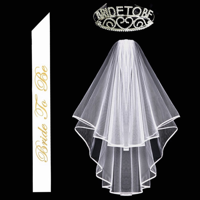 Kung Fu Party Glitter Rhinestone Bride to Be Tiara & White Double Ribbon Edge Center Cascade Bridal Wedding Veil with Comb & Bride To Be Satin Sash