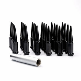 KSP 24 Pc Spiked Solid Metal Lug Nuts M14x1.5 thread 4.4" Tall Closed End Bulge Acorn Spike Lug Nut and 1 long Socket Key For Aftermarket Wheels Chevy Silverado Black