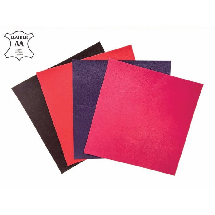 Pink Leather Scraps Bright Leather Mix, Purple, red, Burgundy Leather 5x5 inches, 4 Pieces