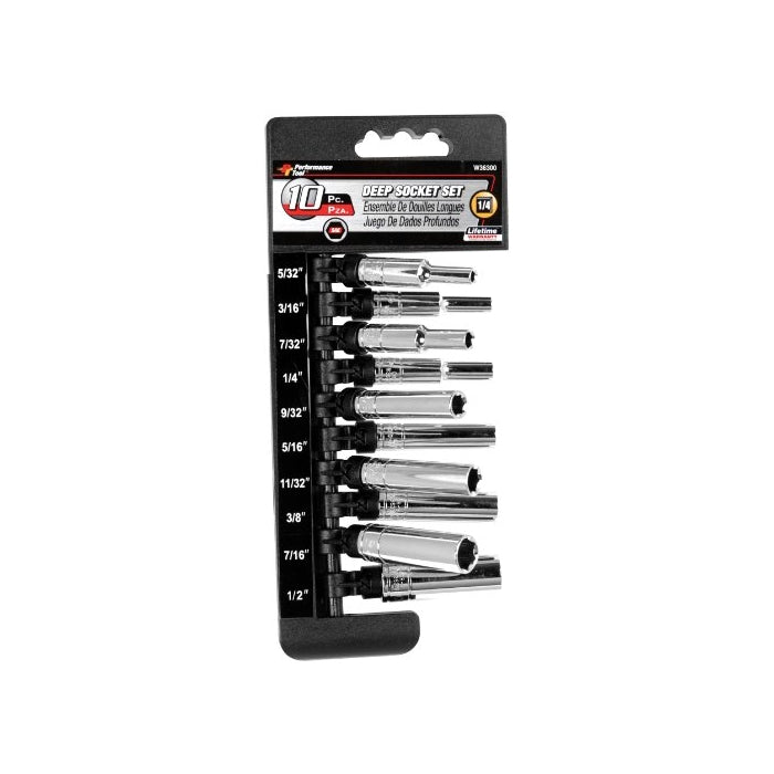 Performance Tool W36300 1/4" Drive 6-Point SAE Deep Socket Set, 10-Piece