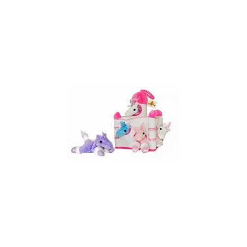 Plush Unicorn Castle with Animals - Five (5) Stuffed Animal Unicorns in Play Carrying Castle Case - White