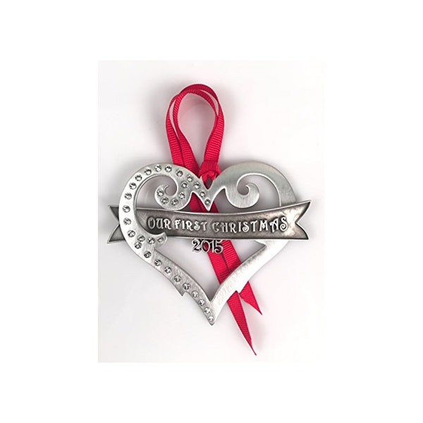 Our First Christmas 2015 Heart Ornament Hand Crafted Pewter with Austrian Crystals Made in USA