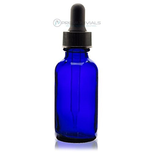 1 Oz (30 ml) BLUE Boston Round Glass Bottle w/ Dropper - Pack of 12