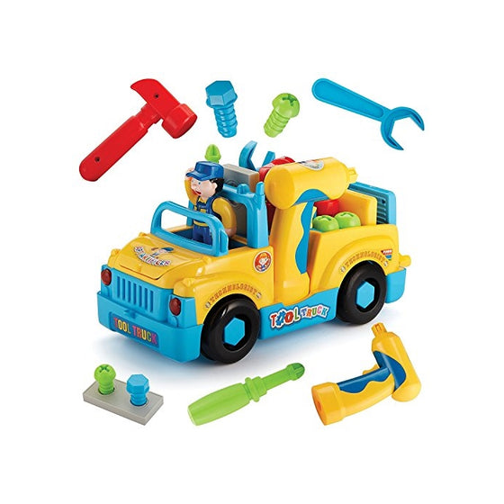 Multifunctional Take Apart Toy Tool Truck With Electric Drill and Power Tools, Lights and Music, Bump and Go Action