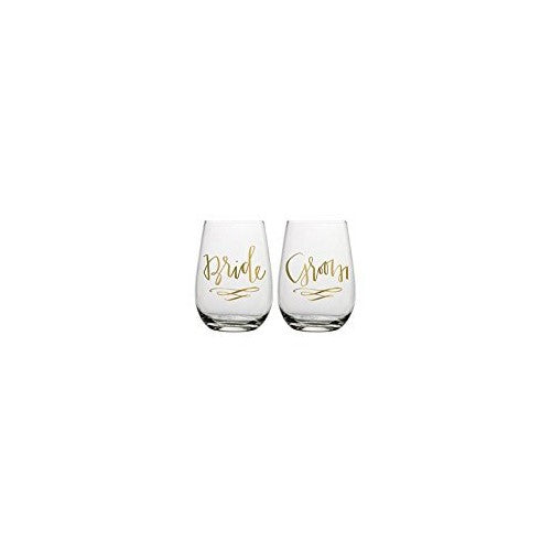 Slant Bride & Groom Stemless Wine Glasses- Set of 2