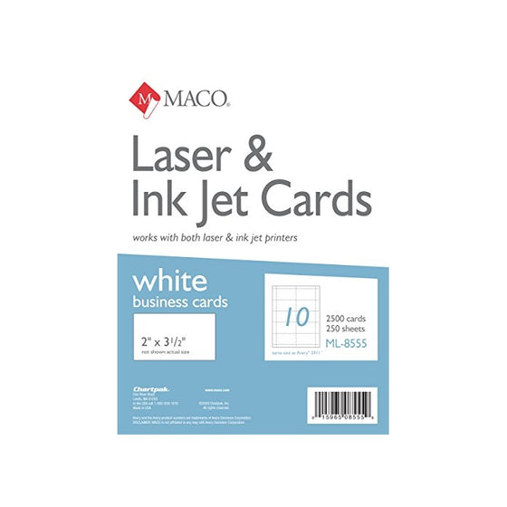 MACO Laser/Ink Jet White Business Cards, 2 x 3-1/2 Inches, 10 Per Sheet, 2500 Per Box (ML-8555)