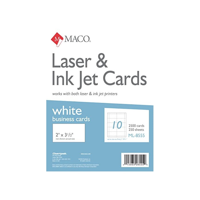 MACO Laser/Ink Jet White Business Cards, 2 x 3-1/2 Inches, 10 Per Sheet, 2500 Per Box (ML-8555)